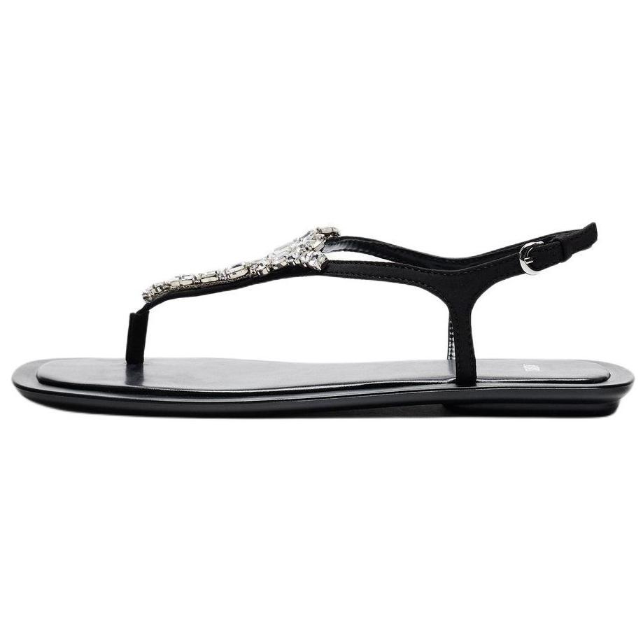 Zara Rhinestone Embellished Toe Post Flat Sandals Black Women 11606410800 39