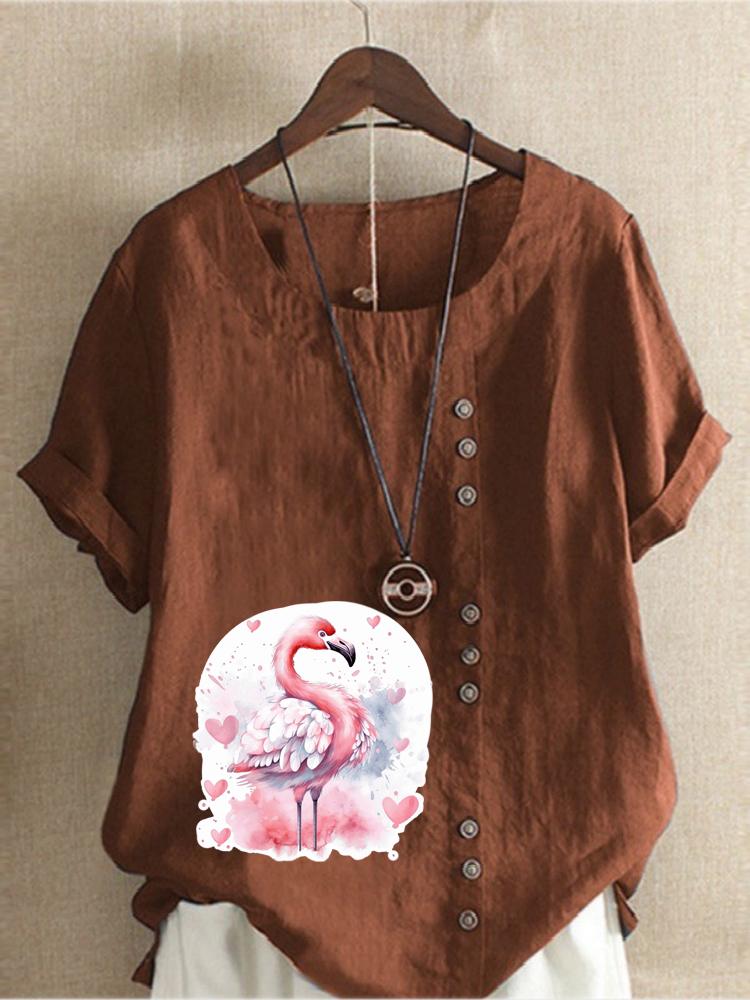 Women's Fashion Love Flame Bird Print Shot Sleeve T-shirt Loose Cotton Shirt Casual Loose Summer Blouse Tops Plus Size