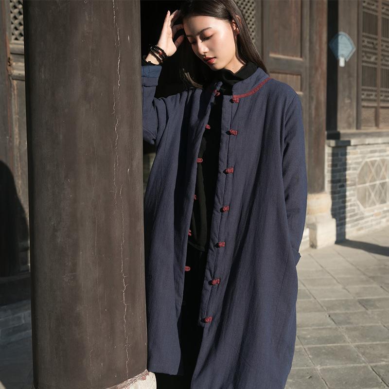 Soft Winter Vintage Stand Collar Chinese Style Pan Buckle Long Thicked Jacket Cotton Loose Cotton Padded Coat