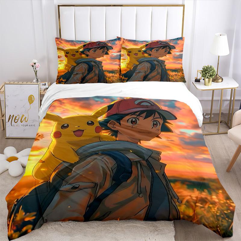 3pcs bedding set Pokémon Trainer Pikachu Includes 1 Comforter + 2 Pillowcases, Without Pillow Inserts, Soft Comfortable, Lightweight Breatha