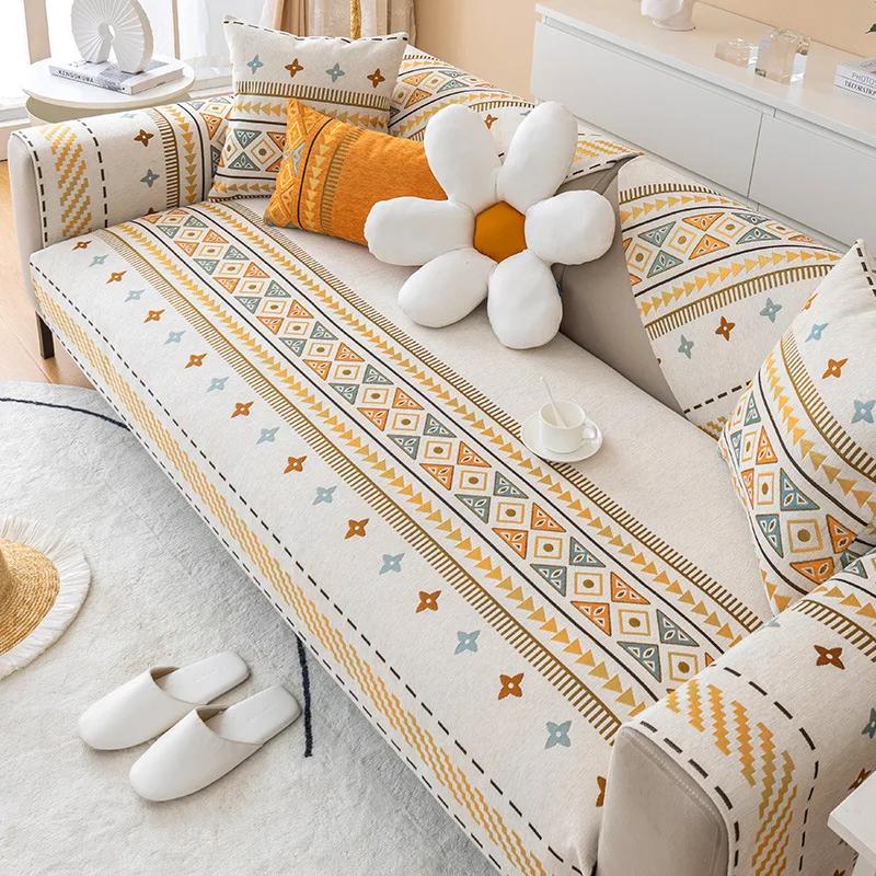 Light Luxury Bohemian 3 Seat Sofa Covers Waterproof Elastic Stretch Plush Chenille Non-Slip Cushions Fabric Material Sofa Cover