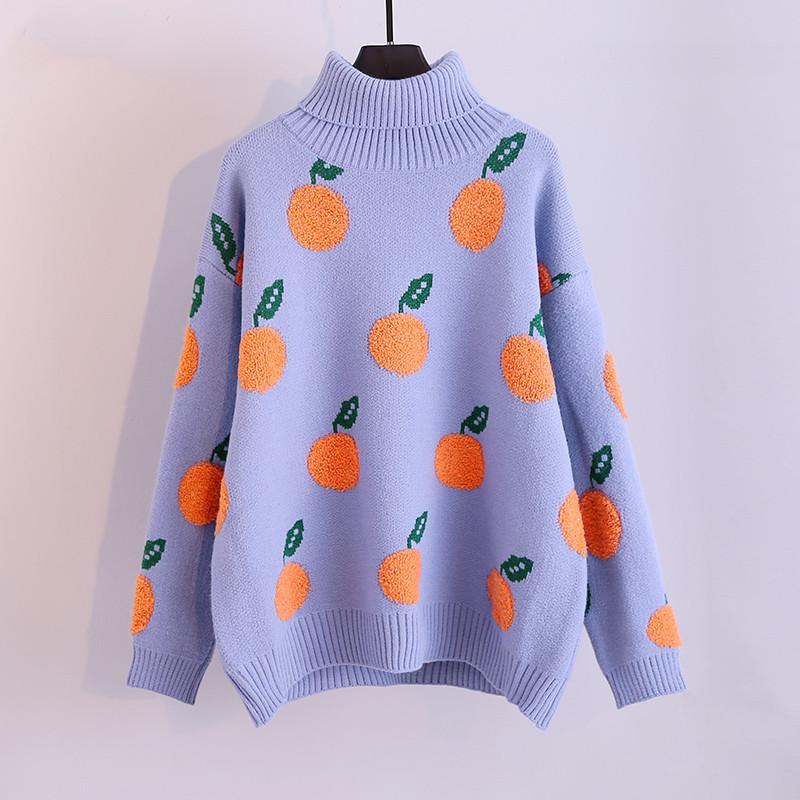 Autumn and Winter New Casual Loose Orange Pattern Turtleneck Long-sleeved Knitted Pullover Sweater Women