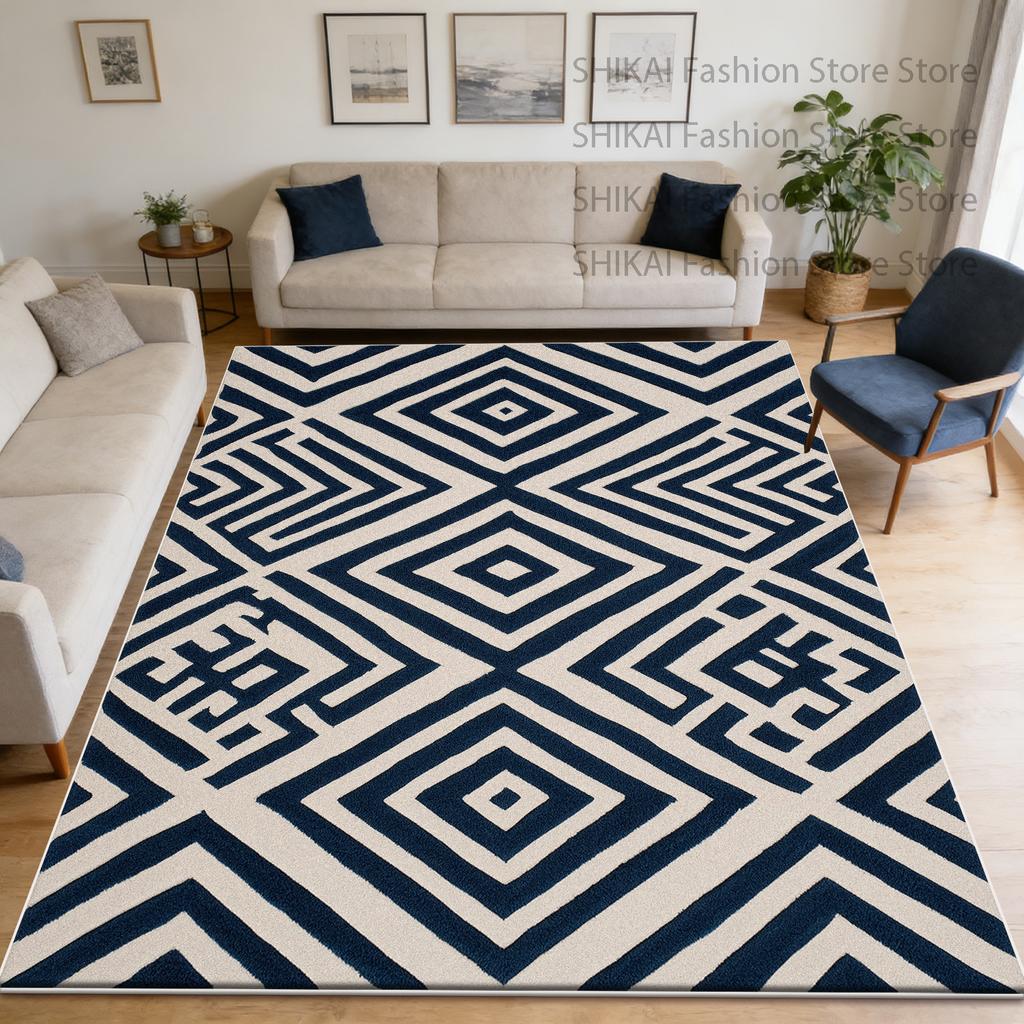 Blue Modern Geometric Style Big Living Room Rug Decoration Laundry Room Antiskid Fluffy Carpet Easy Clean Short Velvet Floor Mat