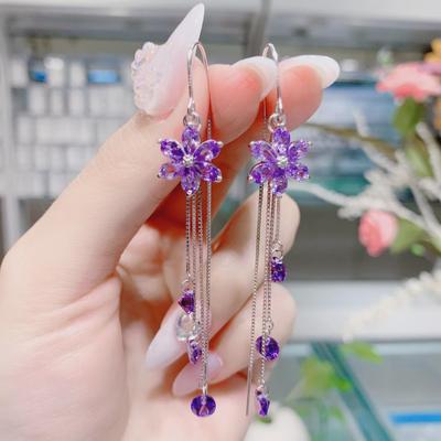 Elegant Crystal Flower Earrings with S925 Silver Needle, Anti-Lost Long Tassel, Japanese-Korean Style, Zircon Accents
