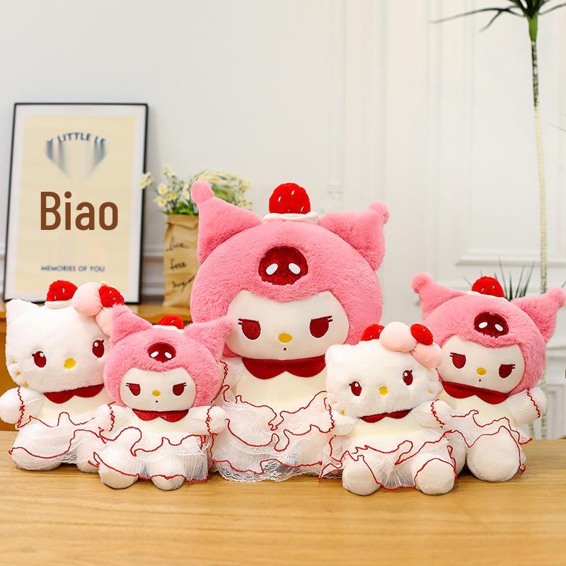 Kuromi Strawberry Cake Cat Doll with Birthday Hat Plush Toy
