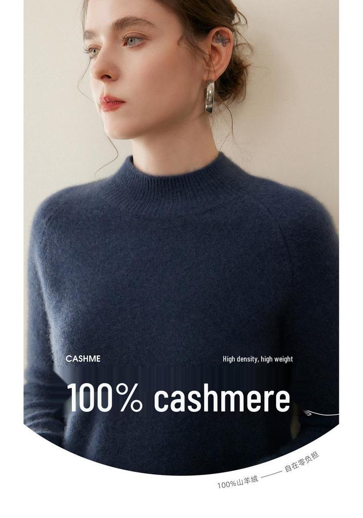 Women's 100% Pure Cashmere Sweater - Autumn/Winter Thick Half-High Collar Knit Base Layer, Loose Slimming Short Style