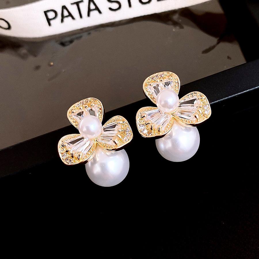 French Elegant Zircon Flower Pearl Earrings Earrings Delicate Temperament Earrings Women