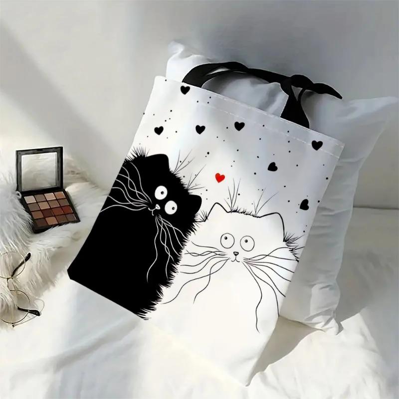 1pcs Linen Shopper Reusable Tote Cute Cats Print Grocery Storage Bag Portable Large Capacity Shoulder Bag Shoulder bag