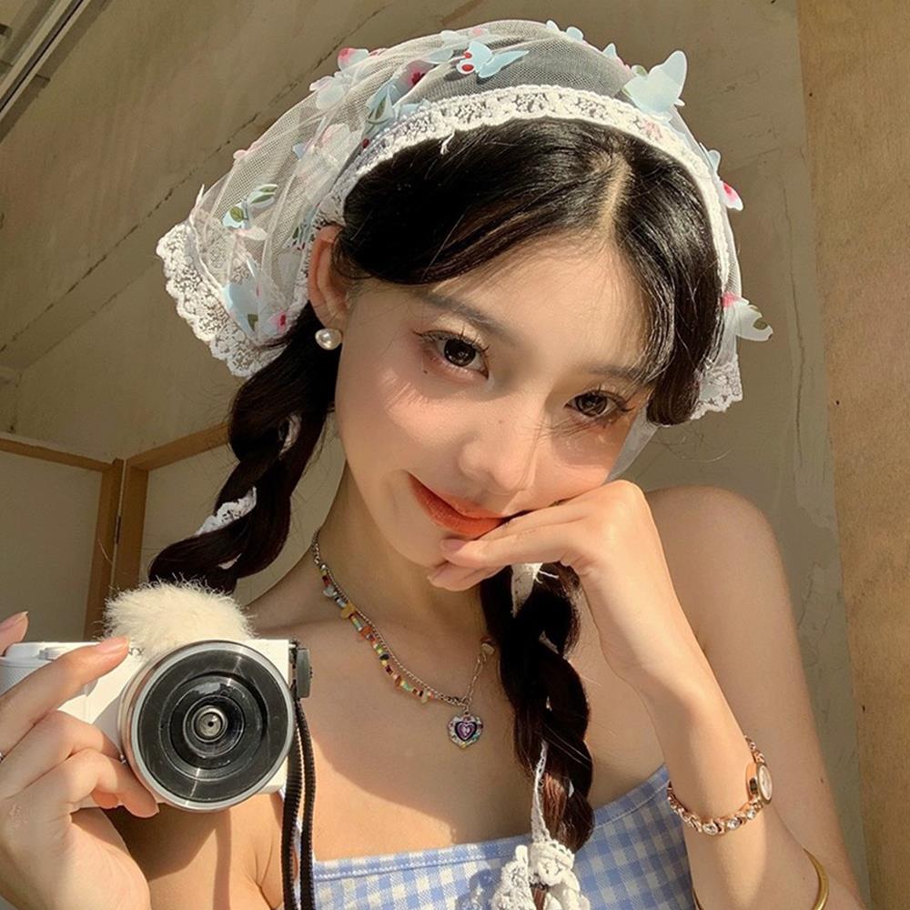 Woman Lace Triangle Headscarf Headwear Butterfly Print Turban Bandana Headbands Girl Court Bonnet Fashion Sweet Hair Accessories