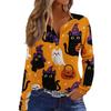 Women's Casual Long Sleeve V-Neck Halloween Print T-Shirt with Decorative Buttons