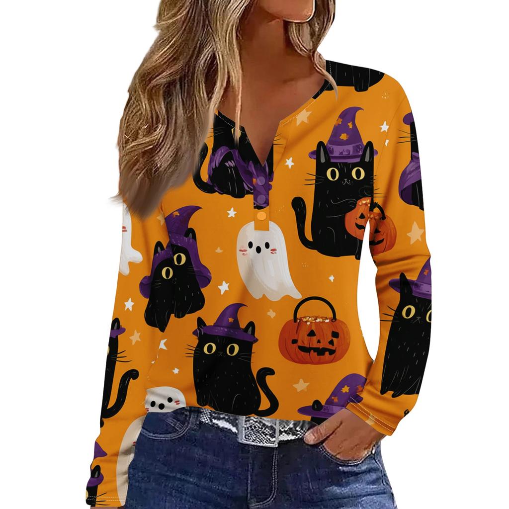 Women's Casual Long Sleeve V-Neck Halloween Print T-Shirt with Decorative Buttons