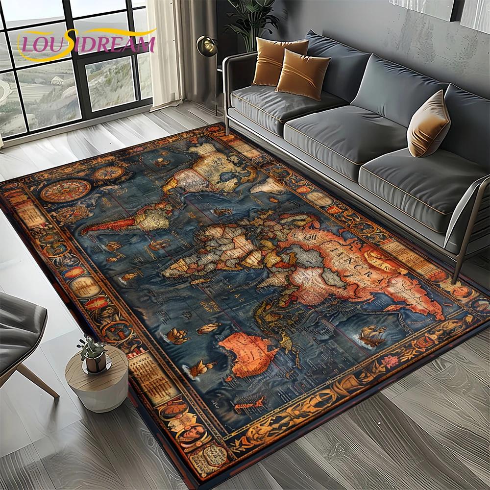 2025 Retro Ancient Nautical Chart Kraft World Map Compass Carpet Rug for Living Room Bedroom Sofa Decoration,Non-slip Floor Mat