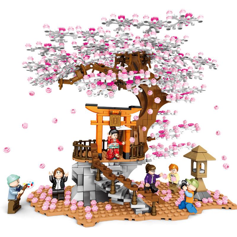 ShengBao Cherry Blossom Tree Street Scene Building Blocks Set with 6 Minifigures