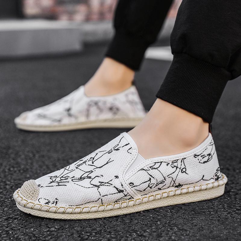 2024 New Classic White Men's Fisherman Loafers Fashion Print Canvas Shoes Man Flats Espadrilles Breathable Male Summer Footwear