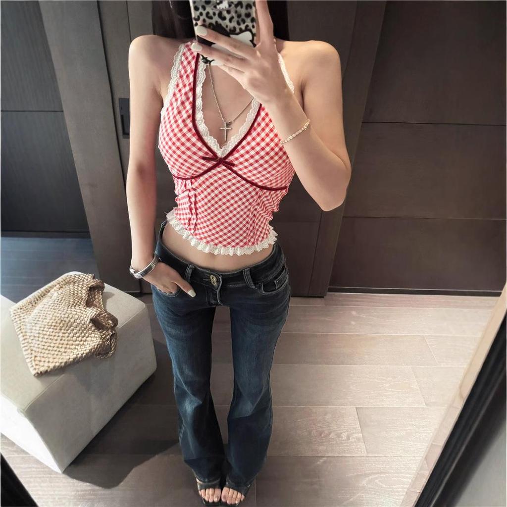 Pure & Sexy Red Plaid Lace Halter Top - Women's Summer Tank