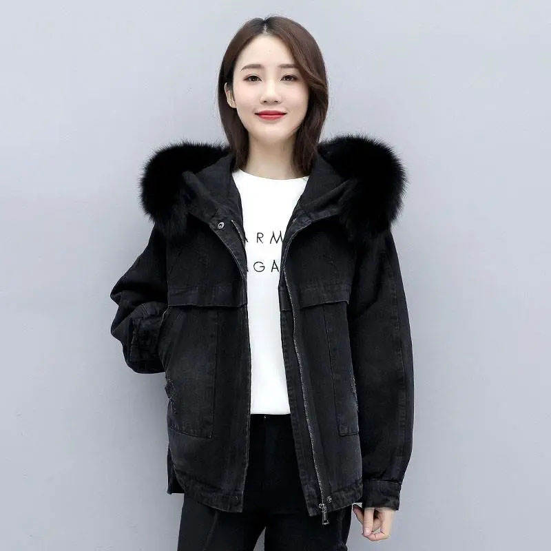Damen Herbst Winter Verdickende Plüsch Warme Jeansjacke Schwarz Cowboy Übermantel Weiblich Locker Jeans