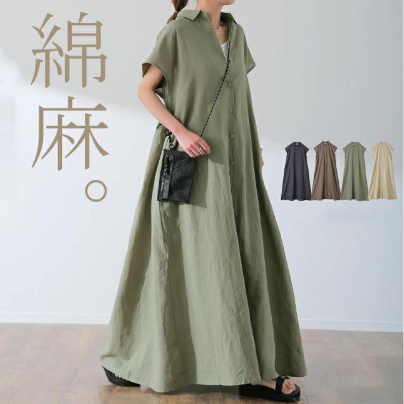 Women's Loose Fitting Pullover Short Sleeved Cotton and Linen Dress