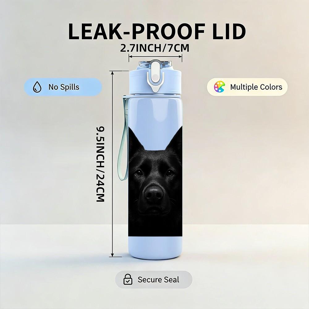 1PC Black German Shepherd Print 750ml Color Plastic Sports Water Bottle Leakproof Flip Straw Lid Suitable for Sports Office Home Use