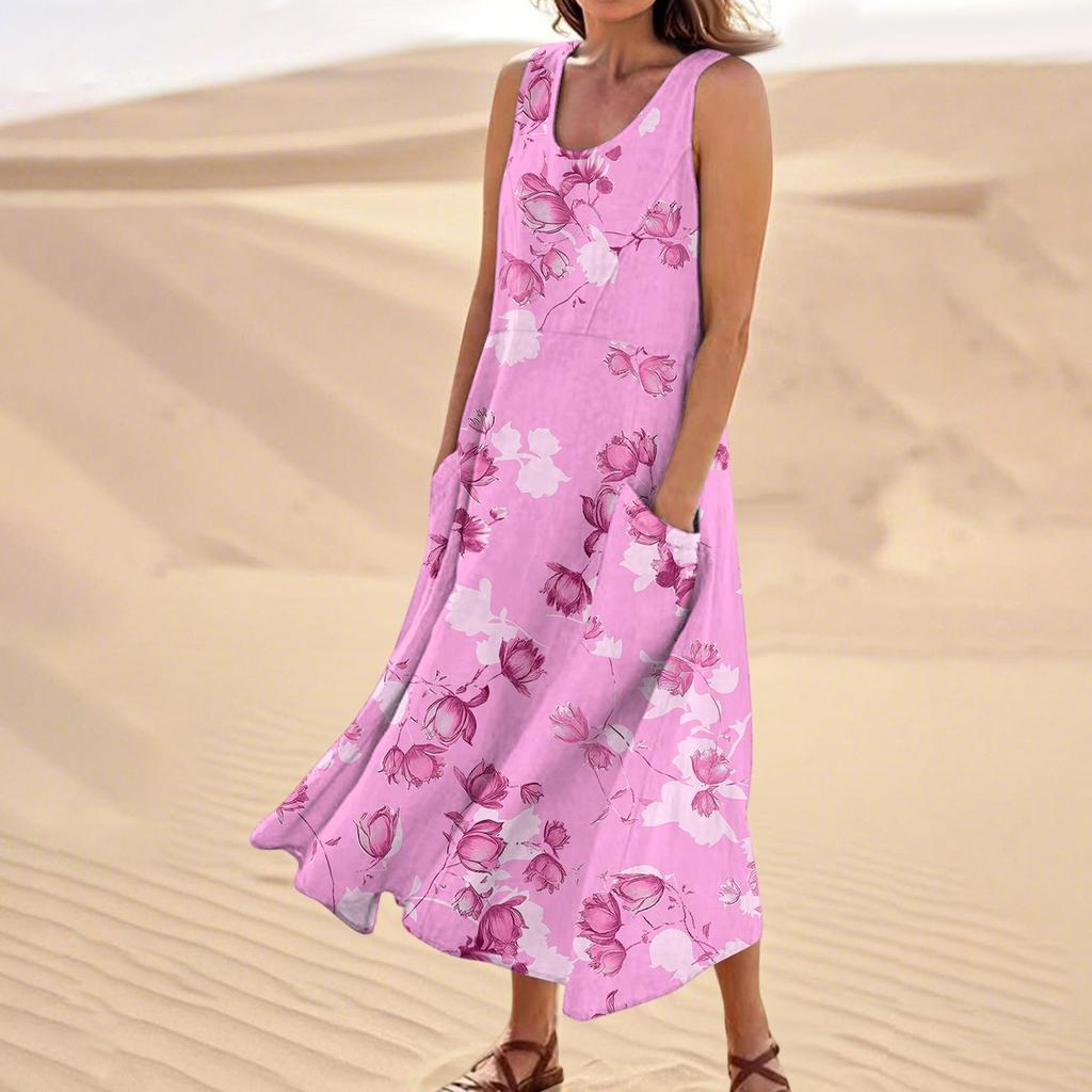 Women's Summer Casual Fashion Flower Printed Sleeveless  Pocket Dress