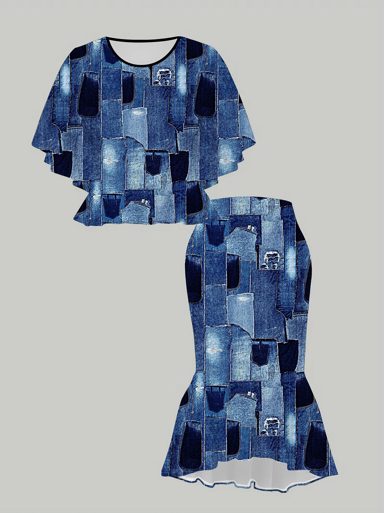 

3D Cowboy Pattern Printed Classical Totem Women s Print, Fashionable Large-sized, Elegant, Versatile for All Seasons. T-shirt, Skirt and Set 1XL темно-синього кольору