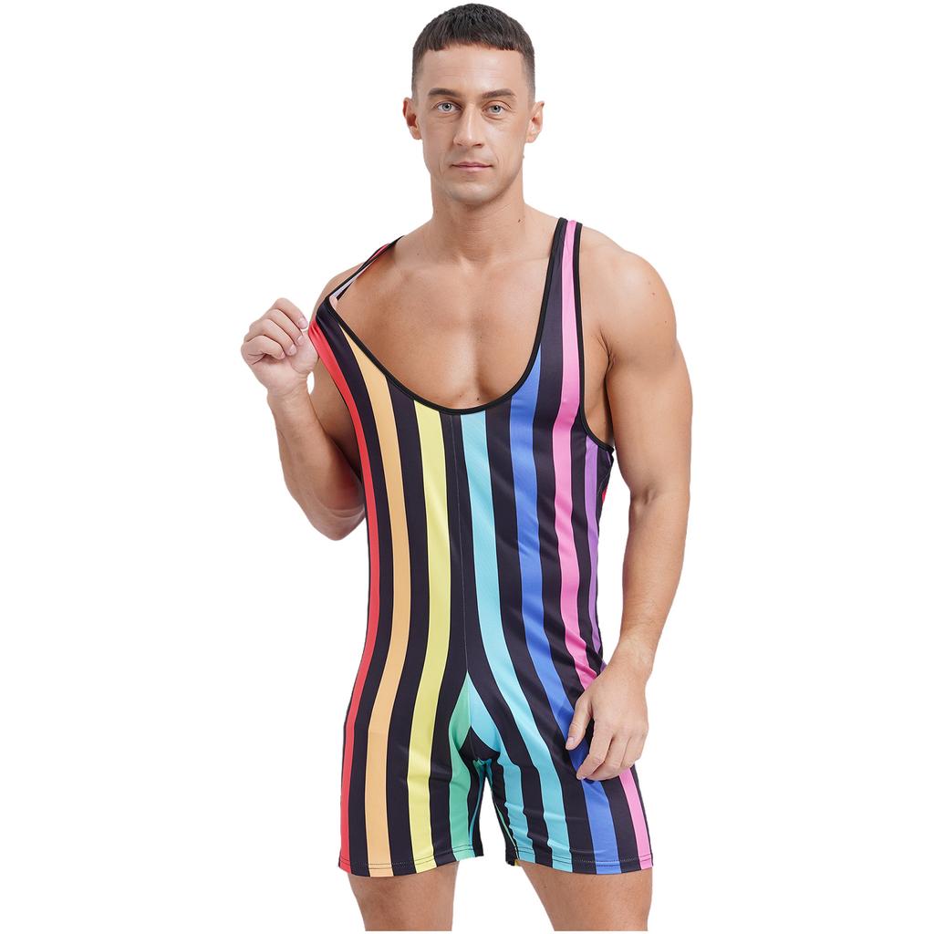 Mens Striped Wrestling Singlet Sleeveless Slim Fit Bodybuilding Gym Sports Bodysuit Romper