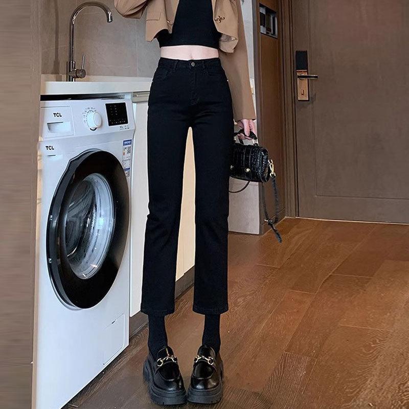 

Women s Black & Grey High-Waisted Straight Leg Jeans - Slim Fit, Elastic, Comfy, Nine-Tenths Length for Autumn/Winter Commuting 2XL