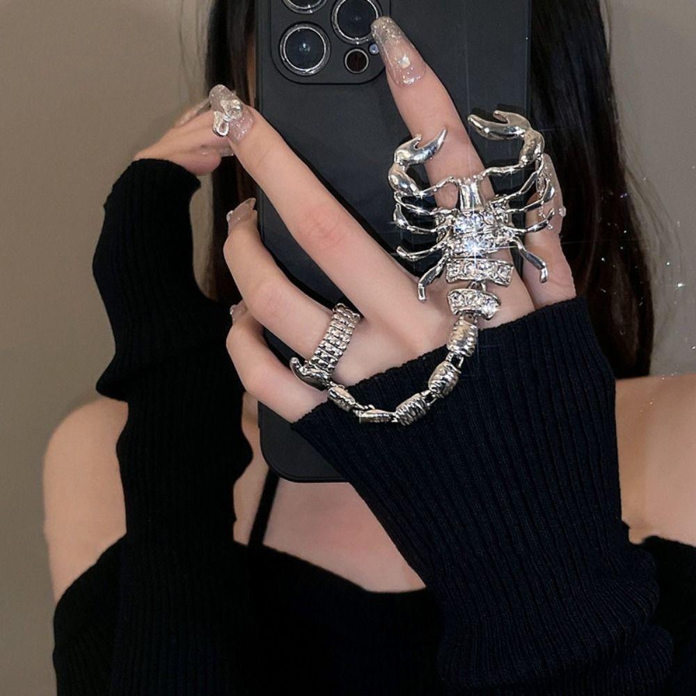 Hip Hop Silver Scorpion Chain Ring Rhinestone Crystal Vintage Gold Ring Adjustable Chunky Irregular Ring Girls