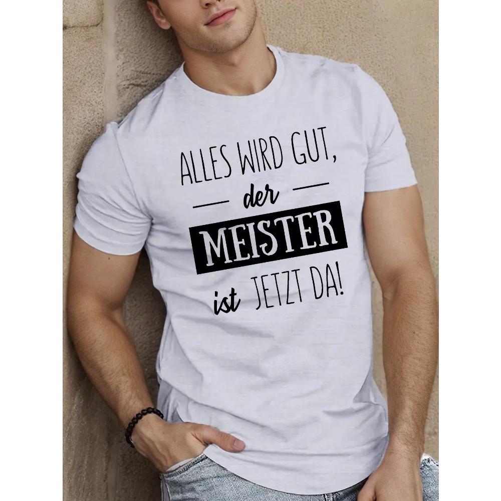 European sizes Men'S Casual Summer T-Shirt with German Quote, Round Neck, Short Sleeve, Stretch Fabric, Geometric Pattern, Black with White Text