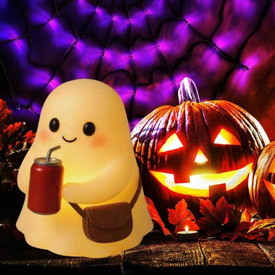 Niedliche Gespensterlampe Harzgespenst mit Tasse Nachtlicht Halloween Schreibtischdeko für Schlafzimmer Wohnzimmer Innenraumdekoration