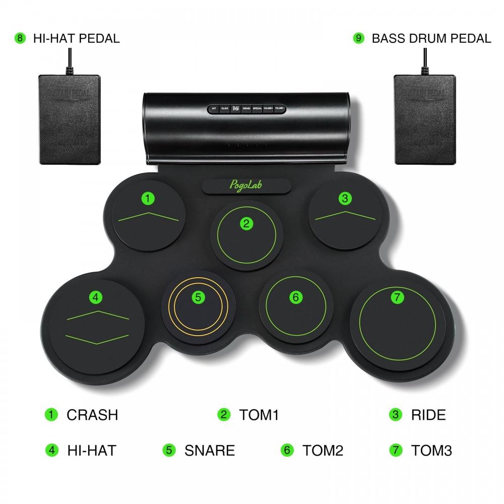 POGOLAB Electronic Drum Set, 7 Pad Drum Kit with Bluetooth Function, Roll Up Drum Practice Pad, Midi Drum Kit, Built-in Speaker, Rechargeable Drum, Fo