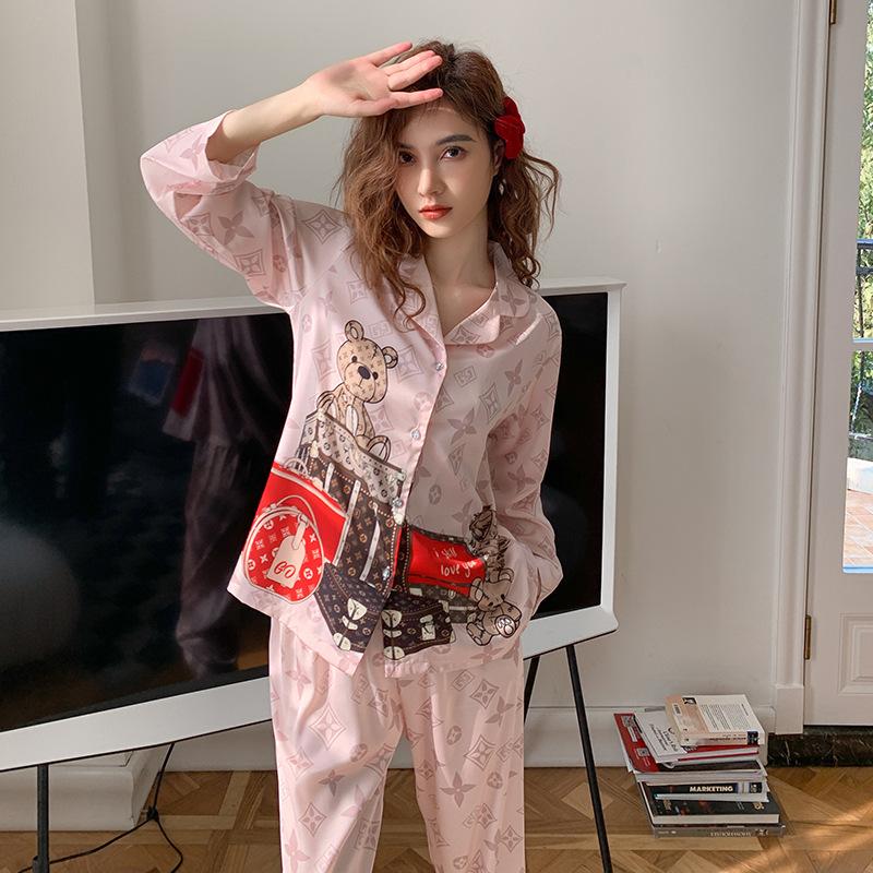 Luggage Bear Luxury Autumn Long Sleeved Ice Silk Pajamas Women's Two Piece Printed Home Set High Quality Elegant Nightgown