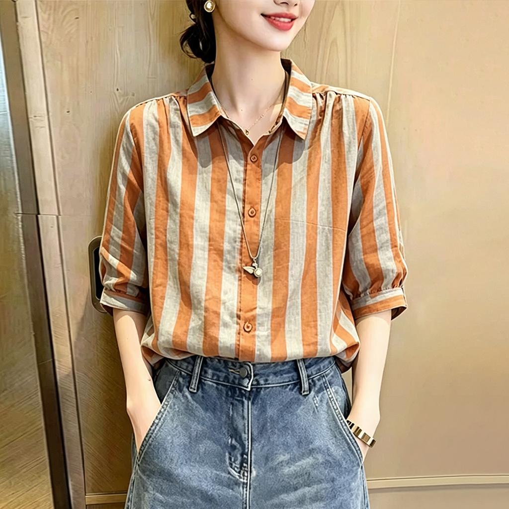 Striped Contrasting Color Lapel Mid-sleeved Shirt Women's Summer New Fashion and Thin Age-reducing Commuter Top A