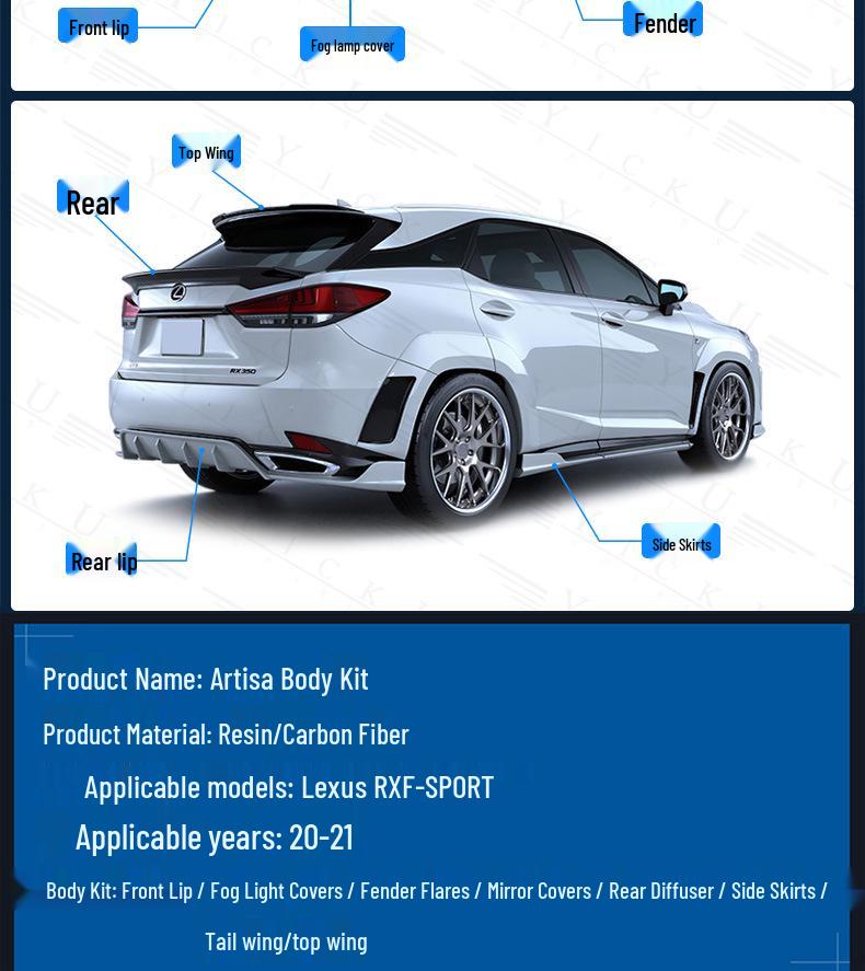 20-22 Lexus RX300 Carbon Fiber Body Kit: Front Lip, Fog Light Covers, Rear Lip, Fender Flares, Side Skirts