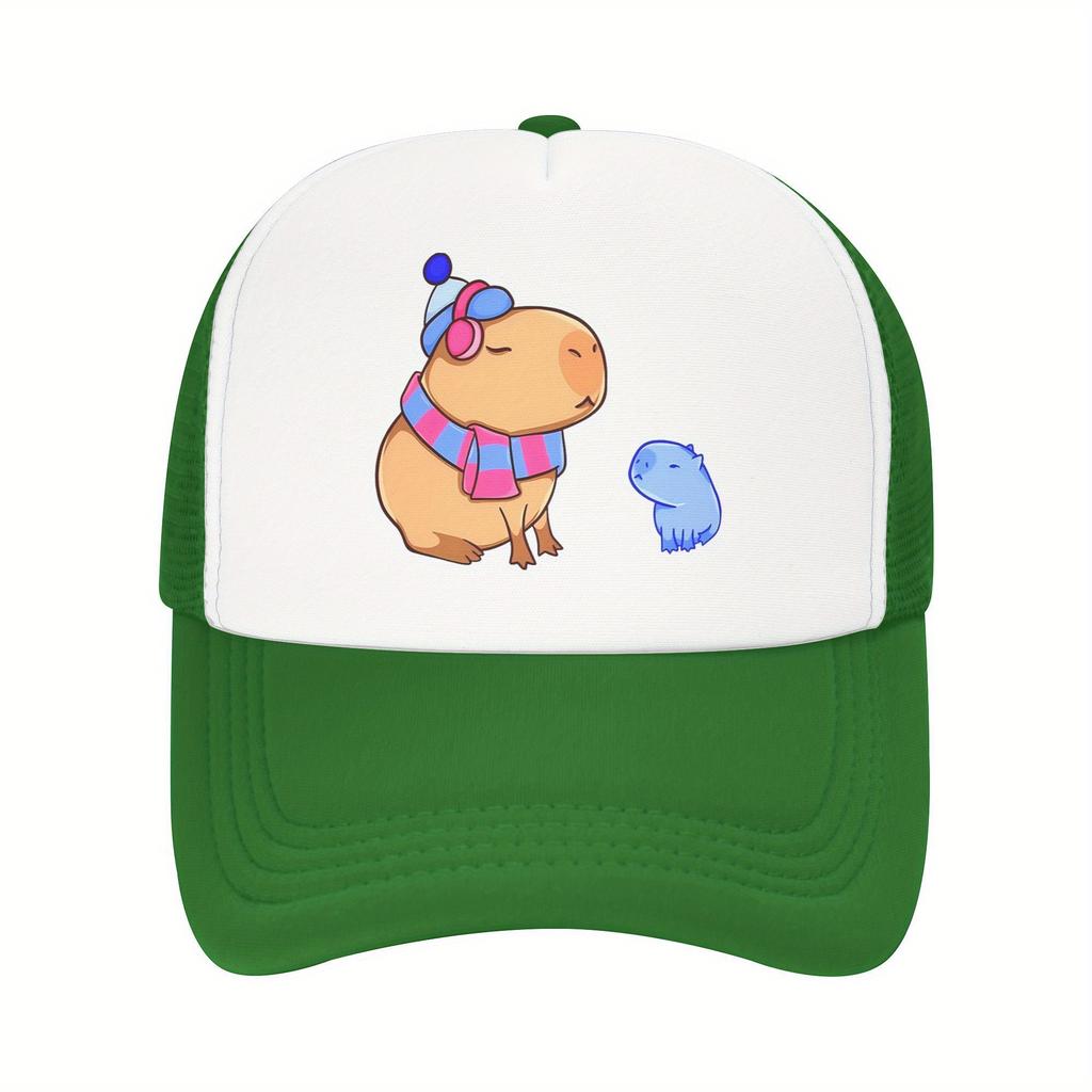 Capybara Family Print Trucker Hat Pink Mesh Breathable Adjustable Baseball Cap for Women Men