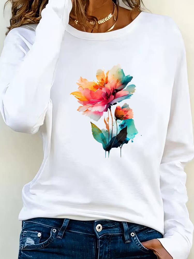 (Asian Size) Tee Lady Printed o-neck trend flower lovely Long Sleeve T Shirt Women Female Clothing Casual Fashion Top Graphic T-shirts