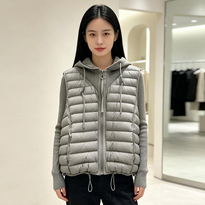 High-end white duck down knitted hat splicing down vest women's autumn and winter design sense trendy vest burst