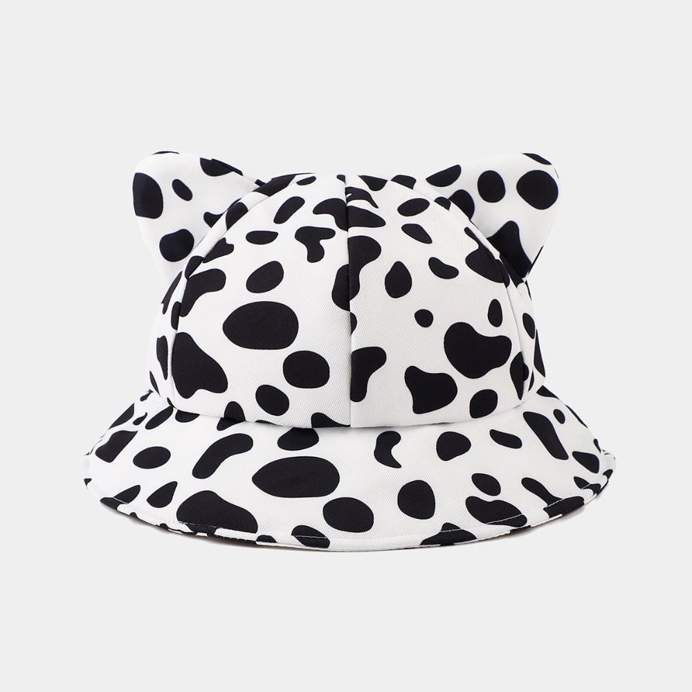 Cow/ Leopard Print Bucket Hat Cat's Ears Basin Hats New Panama Fishing Cap Unisex