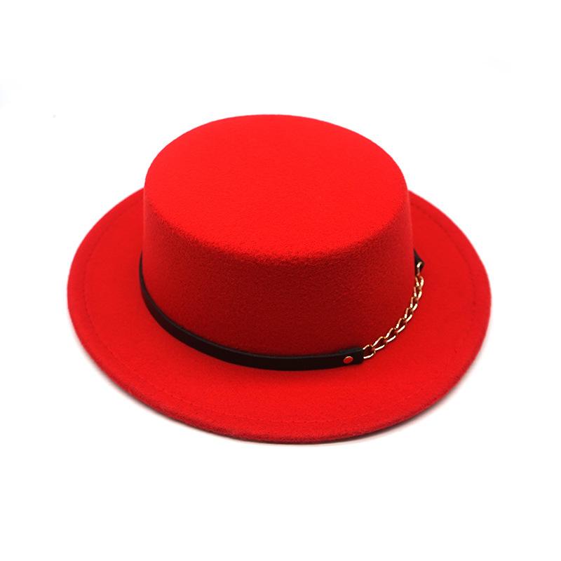 

British Style Chain Solid Color Flat Top Top Hat Female And Male Gentleman Belt Buckle Large Wide Brim Retro Classic Jazz Hat M（56-58cm） красный
