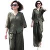 Tencel Linen Summer Set: Plus Size Casual Loose Top & Wide Leg Pants for Middle-Aged Moms.