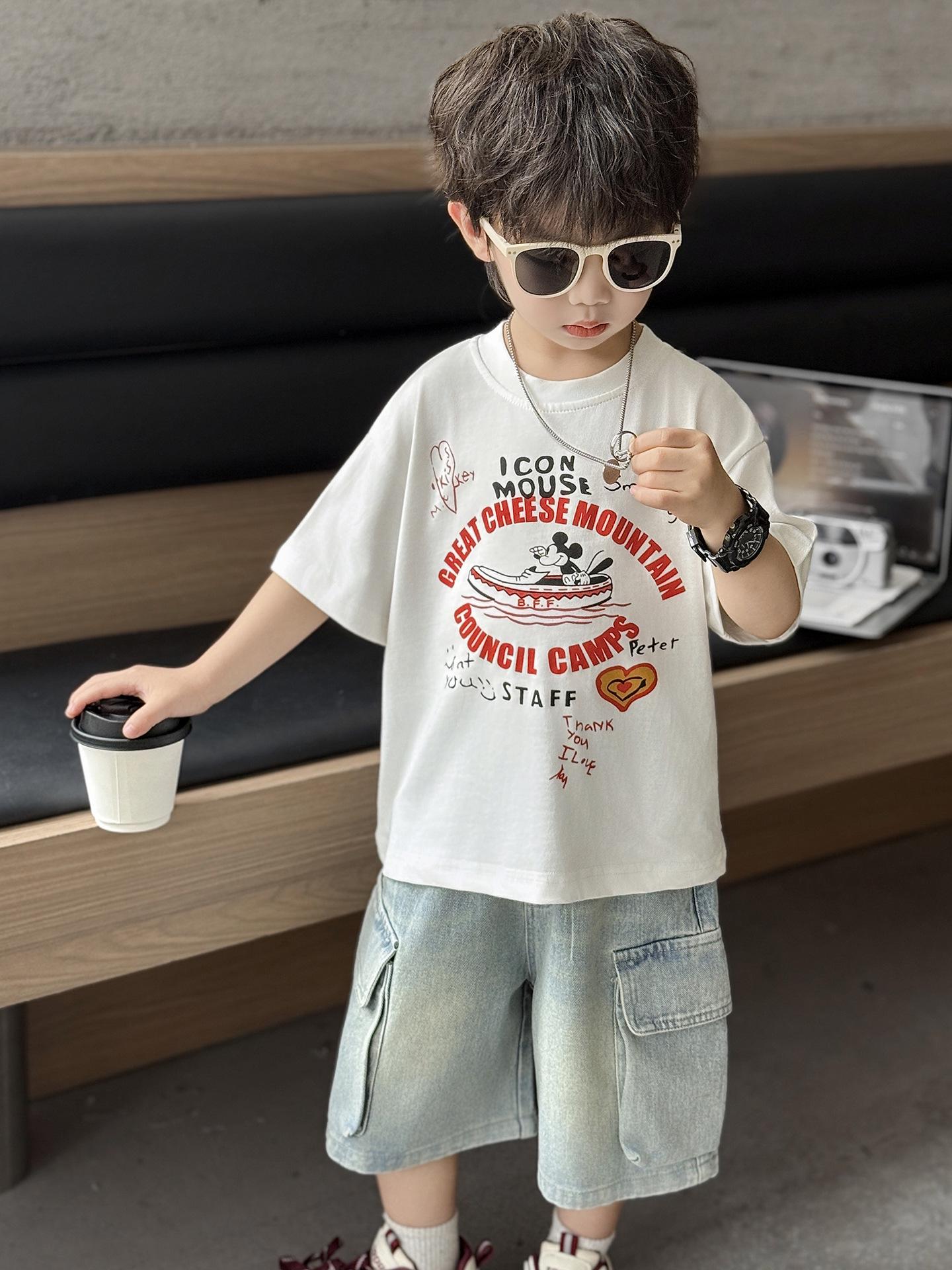 Boys  Cartoon Mouse Bamboo Cotton T-Shirt - Japanese Trend, Summer 2026 Style, Kids  Half Sleeve 90cm белый
