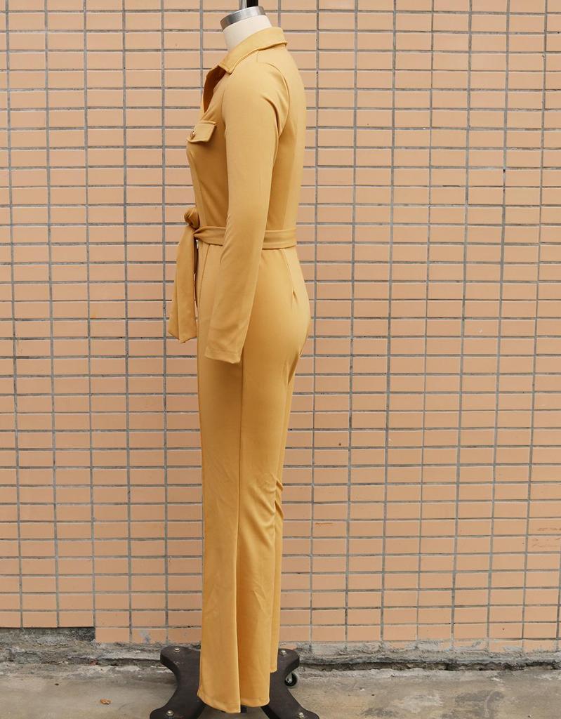 2025 Autumn/Winter Long-Sleeve Shirt Collar Jumpsuit with Mid-Waist Long Pants