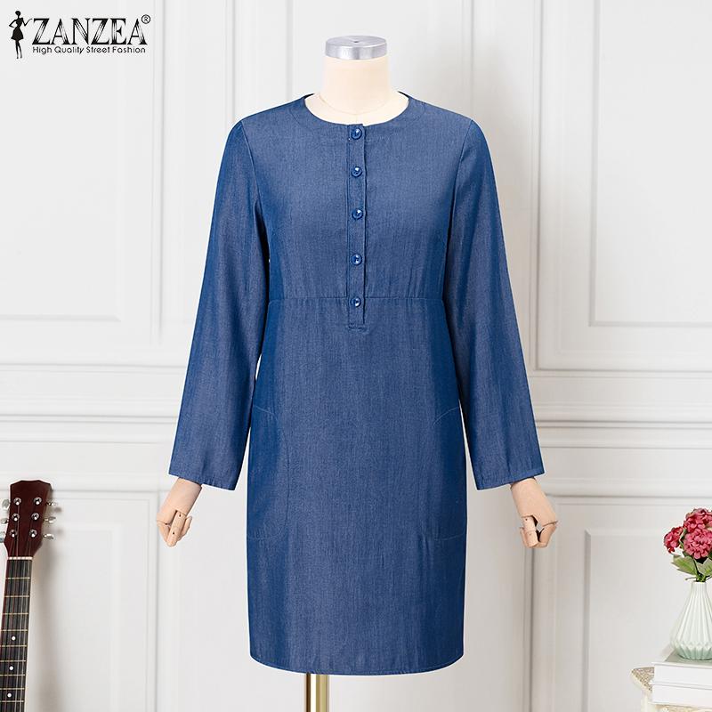 

ZANZEA женские однотонные свободные платья из искусственной джинсовой ткани с круглым вырезом и длинными рукавами, открытой планкой и пуговицами