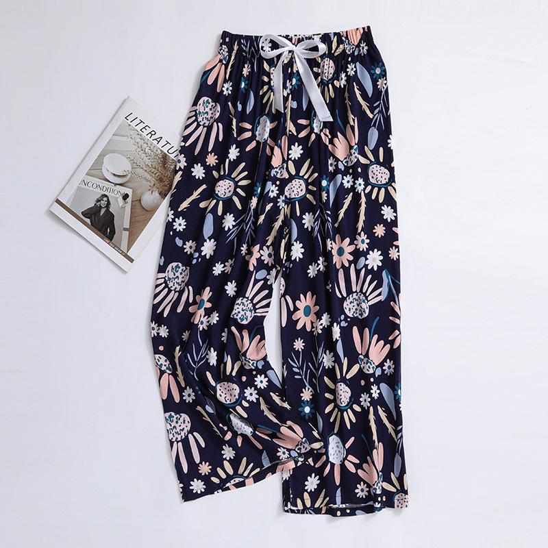 Damen Übergröße Baumwolle Viskose Pyjamahose, Cartoon-Blumendruck, Lockere Neun-Punkt-Strandhose, Outdoor-Bekleidung