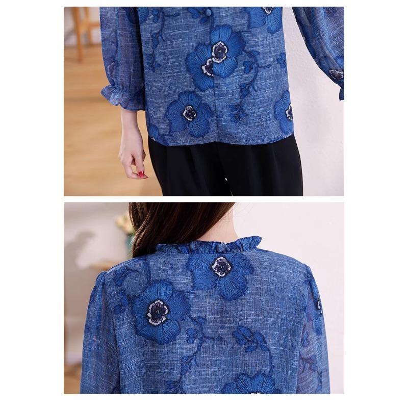 Spring New Fashion Printed Fungus Stand Collar Chiffon Shirt Women's Nine-quarter Sleeves Fashionable and Versatile Age-reducing Shirt