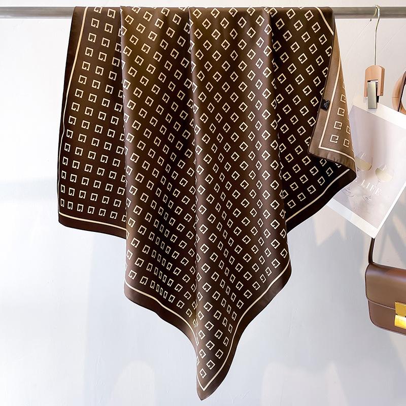 Headscarf Printed Twill Silk Large Square Scarf Small Fragrant Silk Scarf Women'S Anti-Sun Scarf Decorative Scarf Shawl 90Cm