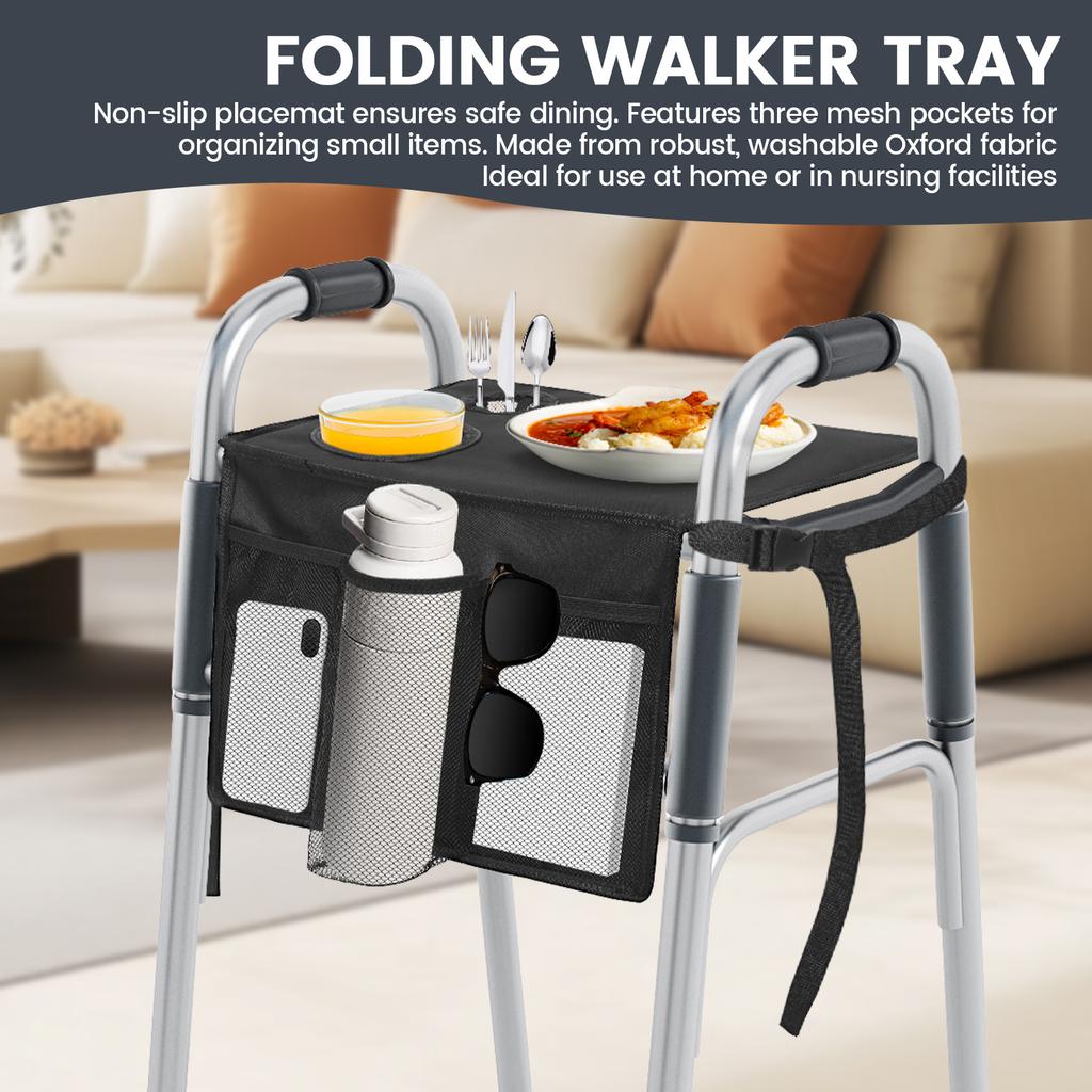 Folding Walker Tray Multi Pocket Rollator Storage Bag with Cup Holder and Nonslip Mat Practical Walker Accessories for Elderly