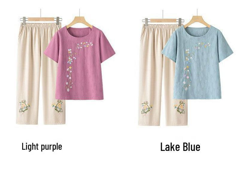 Summer Embroidered Two-Piece Home Set for Mature Women - Thin Cotton & Linen