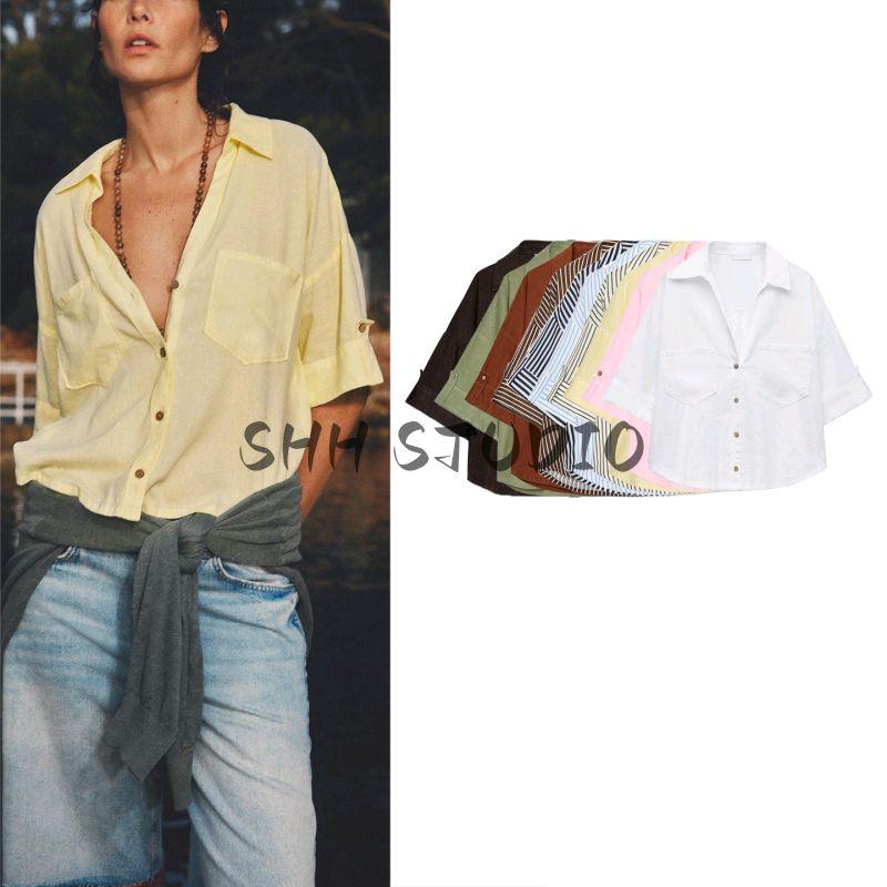 Spring New Women's Clothing Simple Stickers Pocket Decoration Linen Blended V-neck T-shirt Shory Style Shirt Tops 2187572