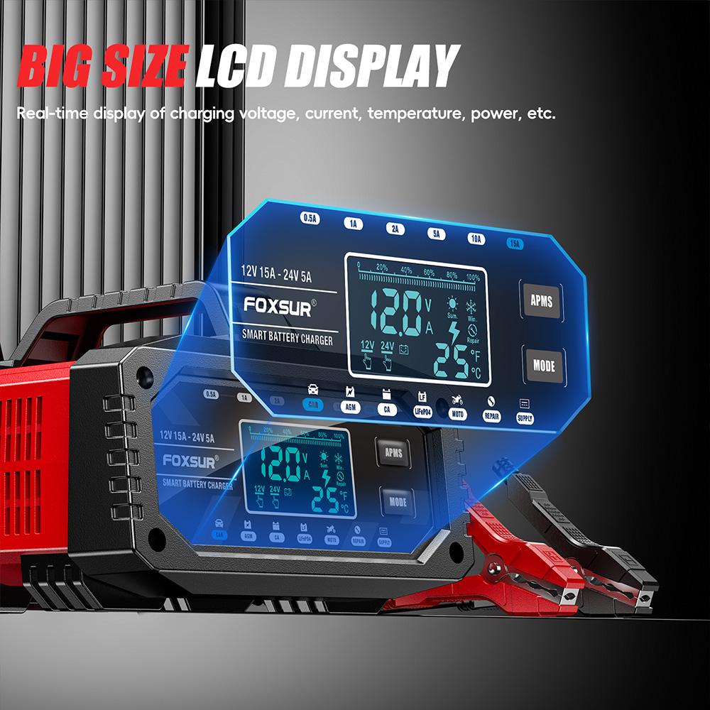 12/24V 15A Smart Battery Charger 10- Stage Charger Protect for LiFePo4 Wet Deep-Cycle Battery Usage