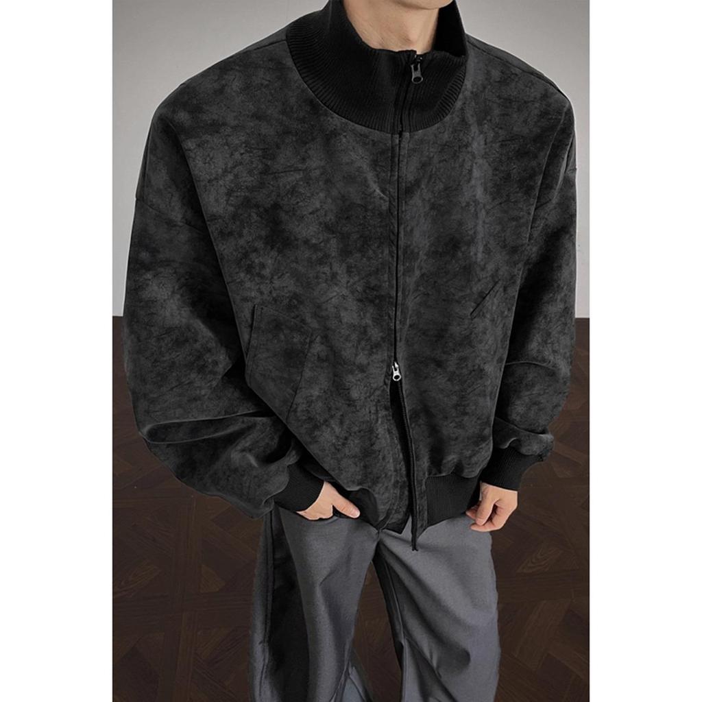 Men's Tie-Dye Leather Bomber Jacket with Stand-Up Collar - Trendy Autumn Heavyweight Outerwear